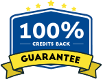 100% credit back in blue hexcagon and guarantee on yellow ribbon with five star on top