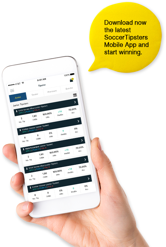 Image of a hand holding a mobile phone with text Download now the latest Soccer Tipsters Mobile App and start winning in a callout object